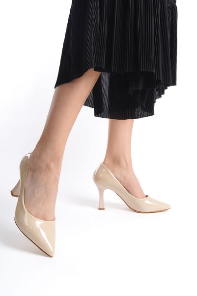 LuisPerry Women's High Heel Shoes - High Heel Stiletto Comfortable Stylish and Work Shoes Beige Color Patent Leather 9 Cm