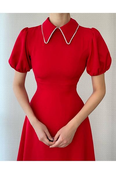 Afiş Butik Rochie midi cu mâneci cu balon cu guler roșu