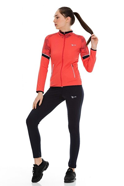 FEROBİ Kadın Fermuarlı Likralı Omzu Desenli Dalgıç Fuşya Eşofman Takımı Mercan