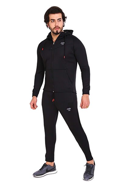 FEROBİ Erkek Scuba Kapüşonlu Paçası Fermuarlı Likralı Eşofman Takımı Siyah