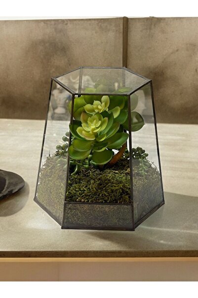 Umay Project Teraryum Skulent Vitray Cam - Metal Dekor Obje Minyatür - Yapay Çiçekli / Dekorasyon - Dekor