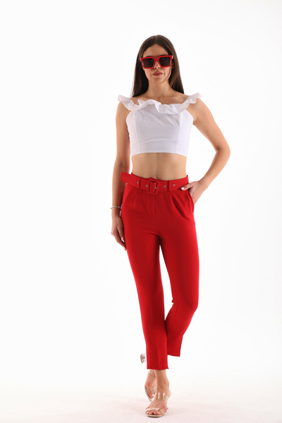 B.HE.Z B.HE Z / PLAZZO - Women's Flexible Pleated Pants, Zip and Belt, Pocketed Skinny Leg