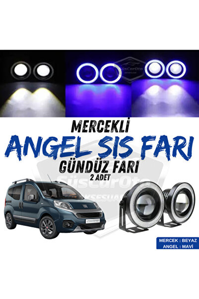 ŞüsCarOto Aksesuar Fiat Fiorino 2008-2023 Uyumlu Üniversal Mercekli Angel Sis Farı Metal 76 mm Mavi Halkalı Gündüz Farı