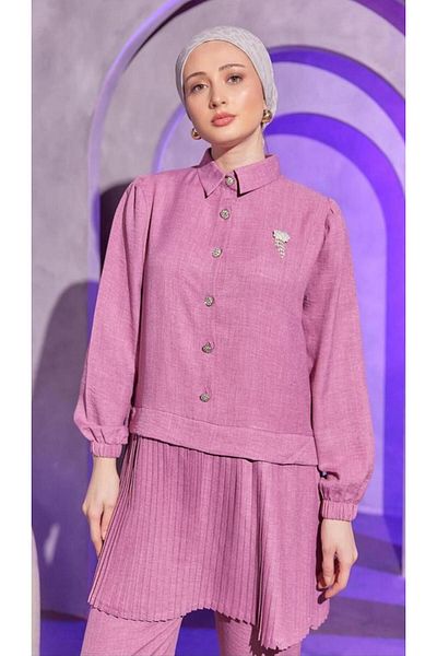hamza gümüş Linen Look Pleat Detailed and Stone Buttoned Hijab Set - Lower and Upper Set