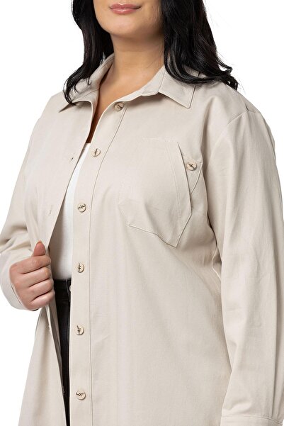 DISENTIS MODEST Beige Gabardine Jacket - Plus Size, Pocket Detailed Shirt