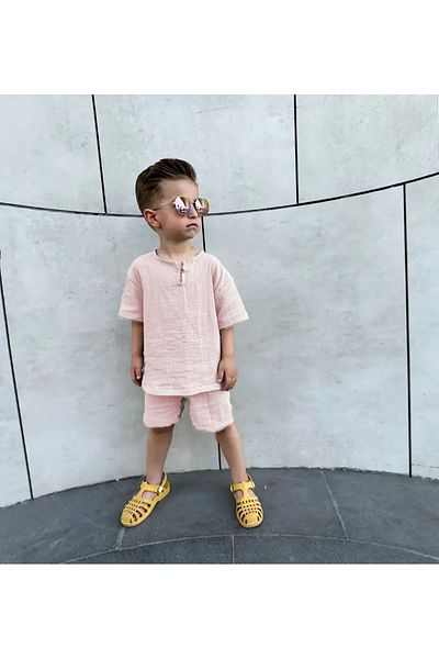 LP LittlePoffy Летен комплект от муселин за момче, горнище от 100% памук, големи шорти, тениска, комплект от две части, 2-6 години