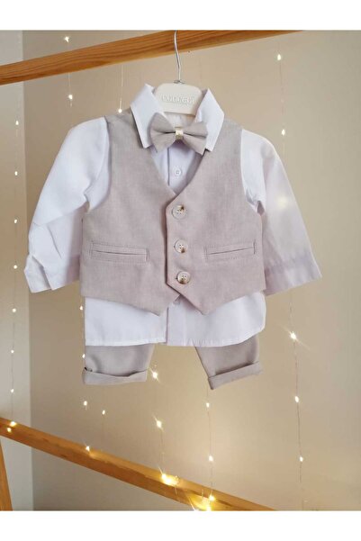 Concept Kids بدلة أطفال كلاسيكية مكونة من 4 قطع باللون البيج مع ربطة عنق وستر...