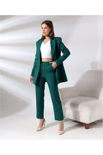 TANE TASARIM Women's Double-breasted Blazer Jacket Cotton Atlak Fabric Trousers Green Suit 024