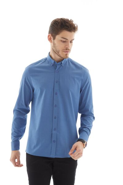 RAVANELLI Vessmen Indigo Slim Fit Чоловіча сорочка - вузький крій, комір на ґудзиках, довгі рукави