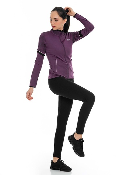 FEROBİ Kadın Fermuarlı Likralı Omzu Desenli Dalgıç Mor Eşofman Takımı Mor