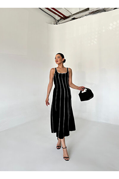 Laluvia Black Midi Dress with Thick Straps - Piping Detail