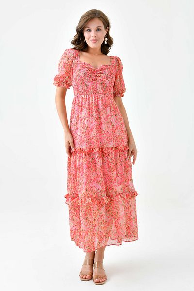 WOMAN VISION Rochie midi cu imprimeu floral și detaliat Gipe - căptușită, mânecă prințesă, design stratificat 3230