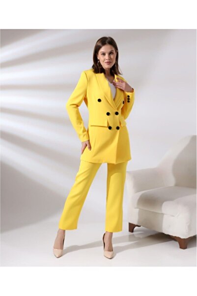 TANE TASARIM Kadın Kruvaze Blazer Ceket Pamuklu Atlak Kumaş Pantolon Sarı Tak...