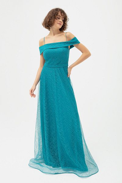 OFZE Women's Turquoise Boat Neck Silvery Long Evening Dress