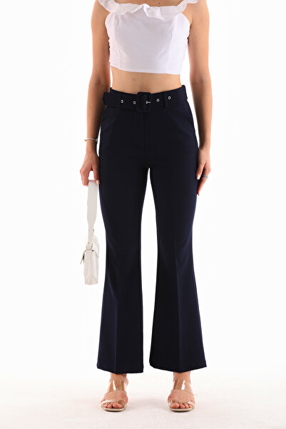 B.HE.Z / Kemerli Fermuarlı Yanlardan Cepli İspanyol Paça Dabıl Kumaş Kadın Pantolon