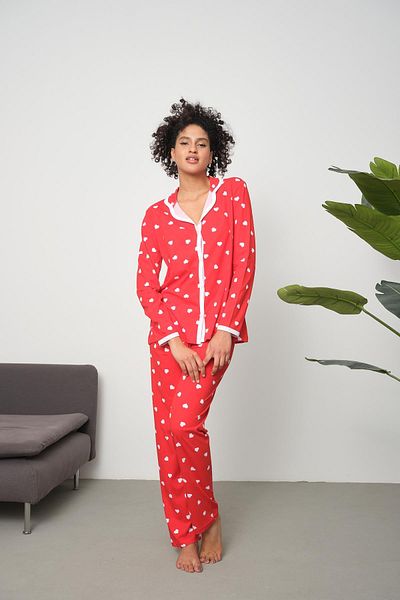 LİVE SPORT Heart Patterned Looked Metrated Women's Pajama Set - 100% Cotton, Buttoned and No Pocket