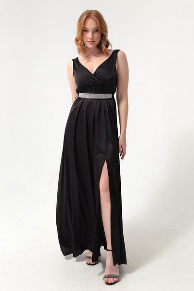 Lafaba Women's Black Double Breasted Collar Stone Belted Long Evening Dress