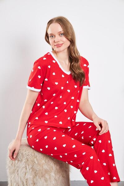 LİVE SPORT Heart Cotton Knitted Pajama Set - T-shirt/pajama Set of 2, Meters Printed