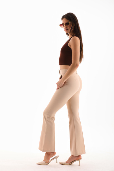 B.HE.Z / Kemerli Fermuarlı Yanlardan Cepli İspanyol Paça Dabıl Kumaş Kadın Pantolon