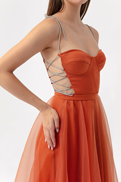 Lafaba Women's Tile Stone Strap Flared Cut Midi Evening Dress