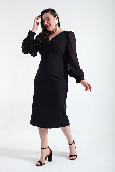 Lafaba Women's Black Double-breasted Collar Large Size Evening Dress
