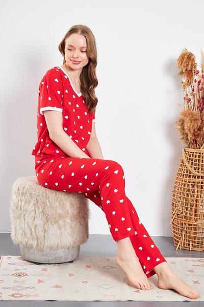 LİVE SPORT Heart Cotton Knitted Pajama Set - T-shirt/pajama Set of 2, Meters Printed