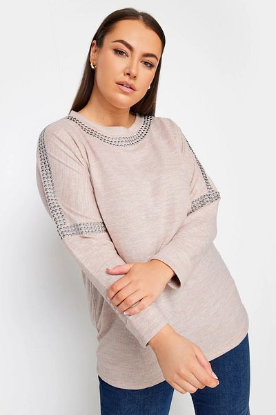 Stil Diva Long Sleeve Crew Neck Large Size Sweater with Staple Detail -285032