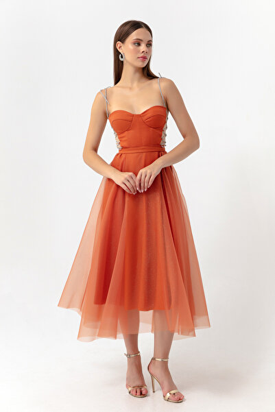 Lafaba Women's Tile Stone Strap Flared Cut Midi Evening Dress