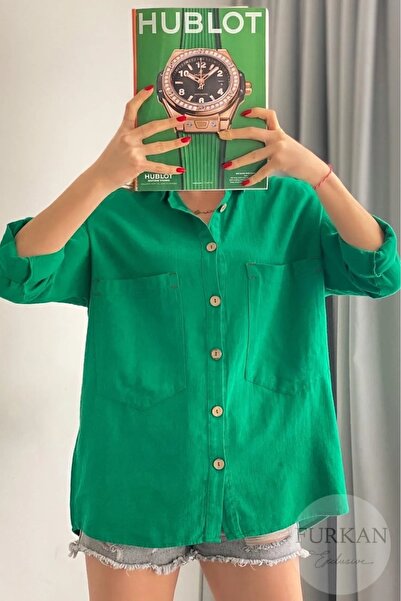 Lavanta Tekstil Wide Fit Cotton Linen Shirt - Wooden Button, Double Pocket, Folding Sleeve