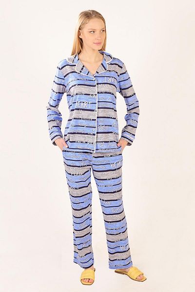 LİVE SPORT Set pijama tricotată 100% bumbac cu imprimeu Metraj Negru Gri Albastru cu Motiv