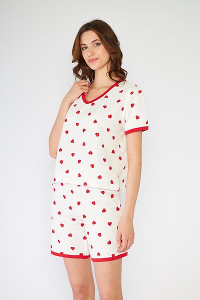 LİVE SPORT Women's Shorts T-shirt Metraj Printed Cotton Knitted Heart Pajama Set
