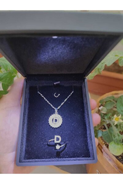 HKN AVM ACCESSORİES Işıklı Kutuda Harf Kolye Harf Yüzük D Harfi Kolye  Set Ko...