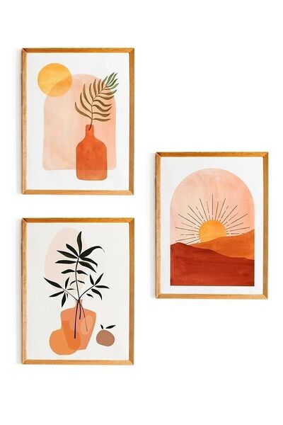 NT Handmade 3 Parça Ahşap Çerçeve Görünümlü Güneş Duvar Dekoru - Salon Oturma...