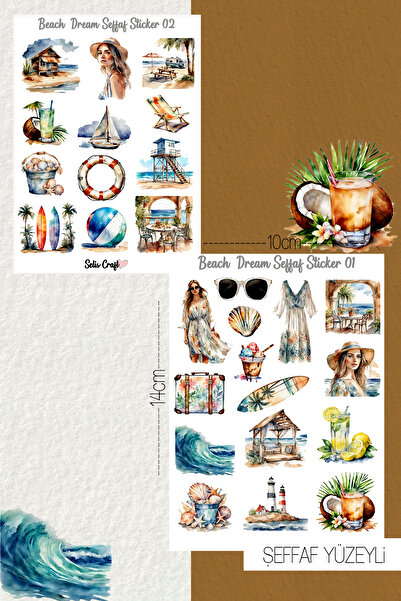 SelisCraft Beach Dream Temalı Şeffaf Sticker Seti 01-02 Ajanda Planlayıcı Bul...