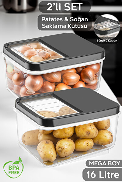 Meleni Home 2'li 16 Litre Sürgülü Kapak Sebzelik, Patates Soğan Saklama Kabı,...