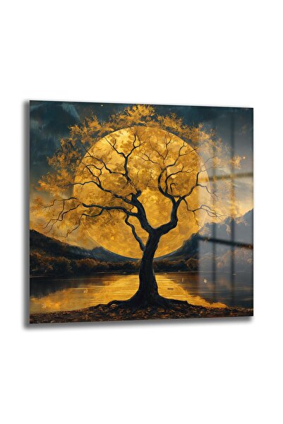 GLAZELLA Altın Ağaç Dolunay Kare Cam Tablo