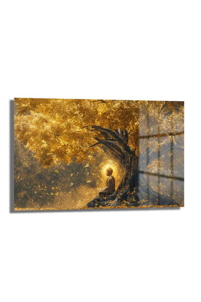 GLAZELLA Altın Buda Hayat Ağacı Yatay Cam Tablo