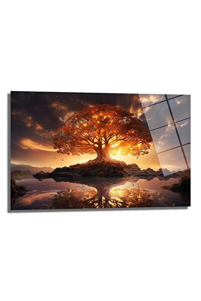 GLAZELLA Altın Ağaç Dekoratif Yatay Cam Tablo, Ev Dekorasyon, Ofis Dekorasyon