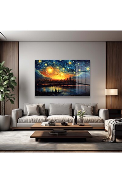 GLAZELLA Van Gogh Tarzı Gece Dekoratif Yatay Cam Tablo