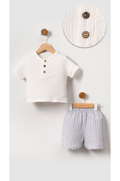 Bubito Grau gestreiftes Shorts-Set aus 100 % Musselin-Baumwolle für Babys und Kinder, Unisex, mit Knöpfen