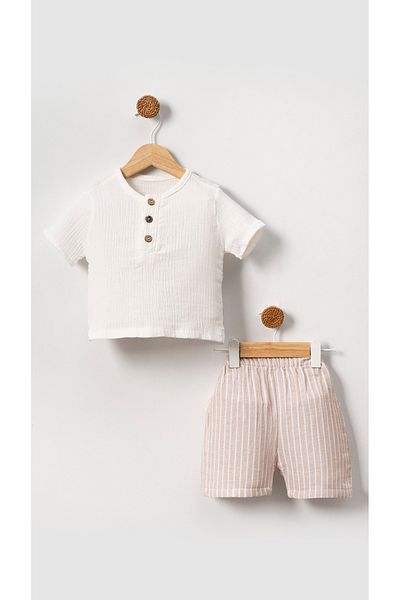Bubito Beige Colored Unisex Baby and Child 100% Cotton Striped Muslin Shorts Set