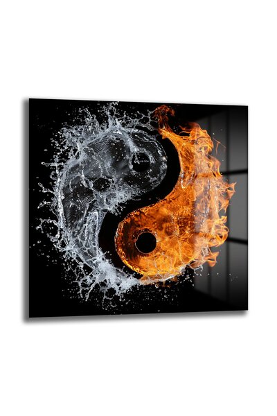 GLAZELLA Su ve Ateş Ying Yang Kare Cam Tablo