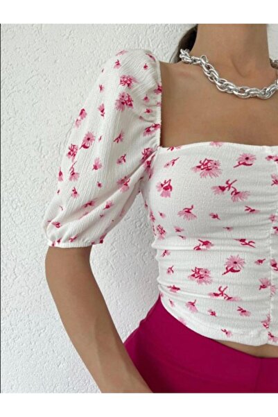 BE CHİC White Floral Patterned Square Collar Crop Blouse - Front Gather Detailed, Knitted AYD9001