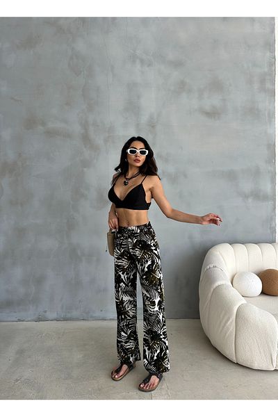 Ozy Fashion High Waist and Pocket Flared Linen Summer Trousers - Dark Green/Beige