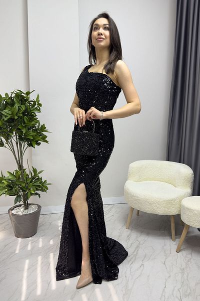 zks grup tekstil Black One Shoulder Sequined Slit Mermaid Evening Dress