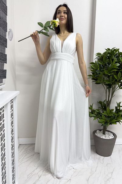 zks grup tekstil White and Black Women's Evening Dress - Zero Sleeve and Transparent Detail