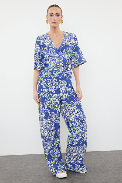 Trendyol Collection Set bluză și pantaloni crop albastru la două piepturi - TWOSS24AU00040