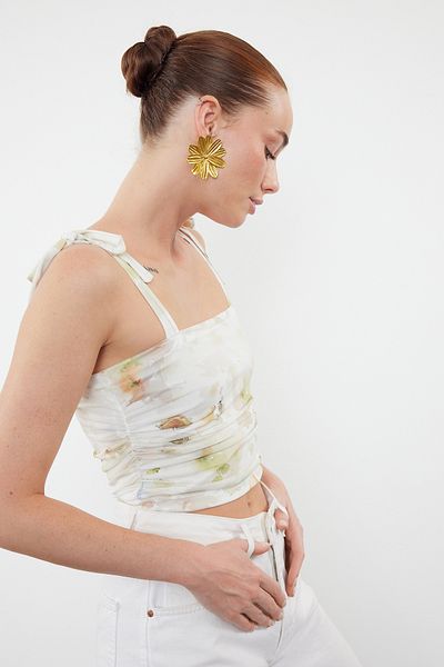 Trendyol Collection Πράσινη πλεκτή μπλούζα Stretchy Crop - Τετράγωνος γιακάς με αφηρημένη λεπτομέρεια δεσίματος TWOSS24BZ00631