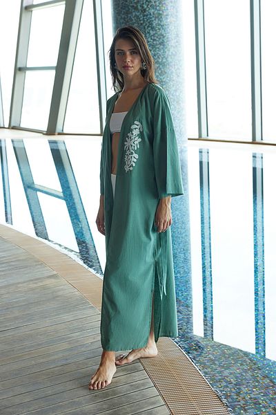 Trendyol Collection Khakifarbener, gewebter, bestickter Maxi-Kimono und Kaftan mit Gürtel TBESS24KM00068