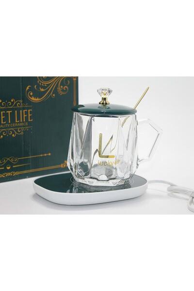 SARR Porselen Kapaklı Isıtıcılı Cam Kupa Bardak Dekoratif Hediyelik